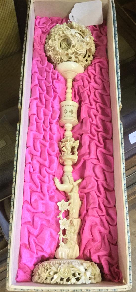 Large Chinese ivory puzzle ball and stand with box
